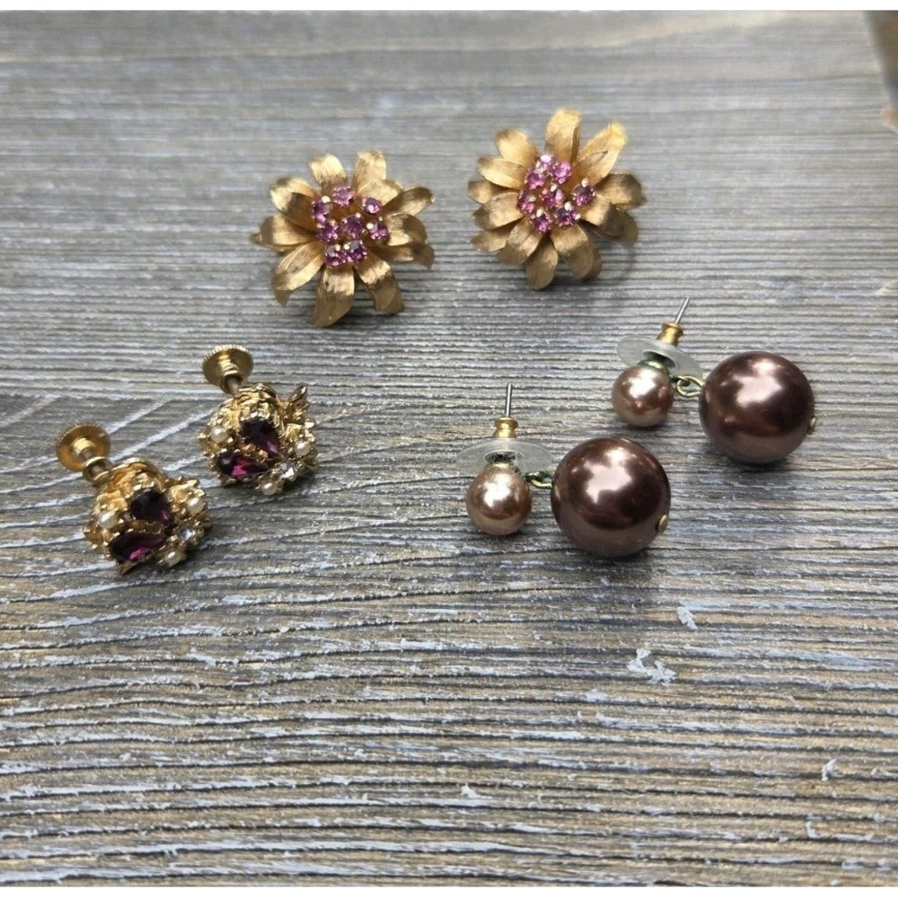 3 Pairs Of Earrings - Gold Tone With Pink - Vintage - Post, Clip, Screw Backs